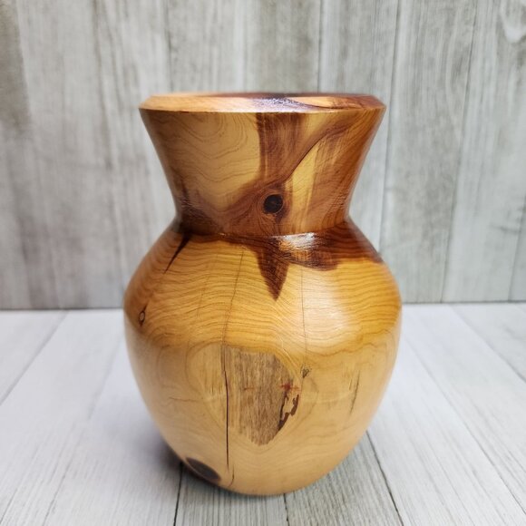 Vintage Glazed Crafted 6 1/2” Two Toned Wood Vase with Cracking - Picture 4 of 9